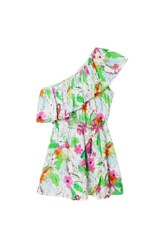 Desigual White Tropical Asymmetric Short Dress