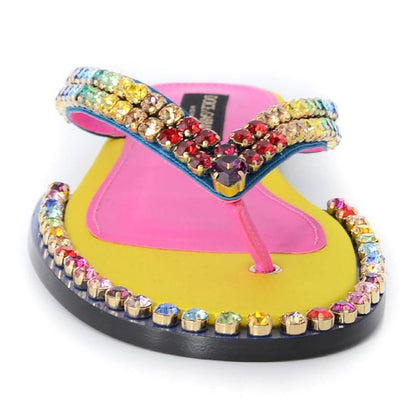 Dolce & Gabbana Multicolor Silk Flip-Flops with Crystal Detailing