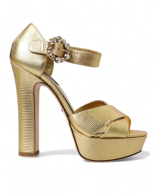 Dolce & Gabbana Gold Crystal Ankle Strap Platform Sandal Shoes