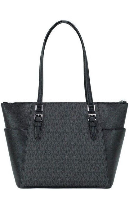 Michael Kors Charlotte Black PVC Leather Large Top Zip Tote Handbag