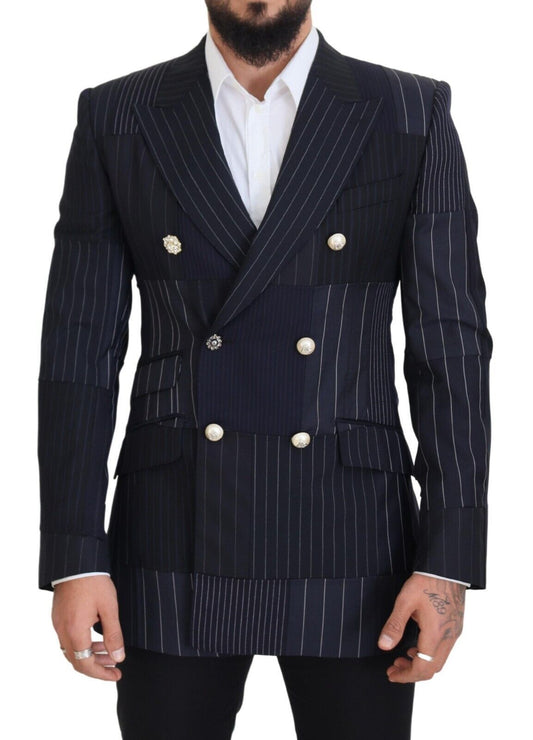 Dolce & Gabbana Blue Wool Patchwork Double Breasted Blazer