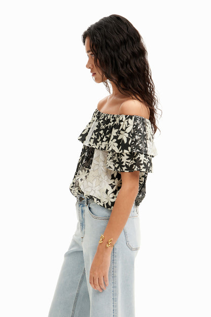 Desigual White Patchwork Floral Ruffle Blouse