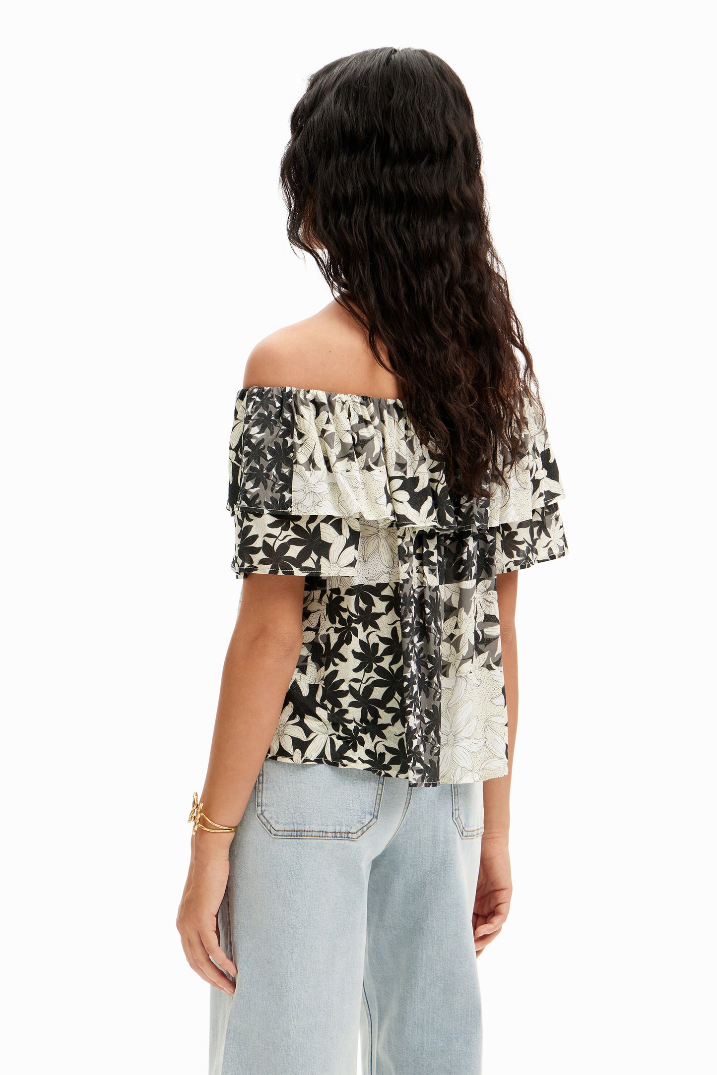 Desigual White Patchwork Floral Ruffle Blouse