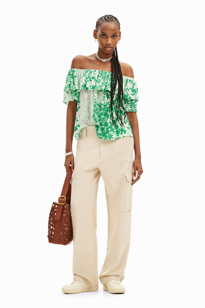 Desigual Green Patchwork Floral Ruffle Blouse