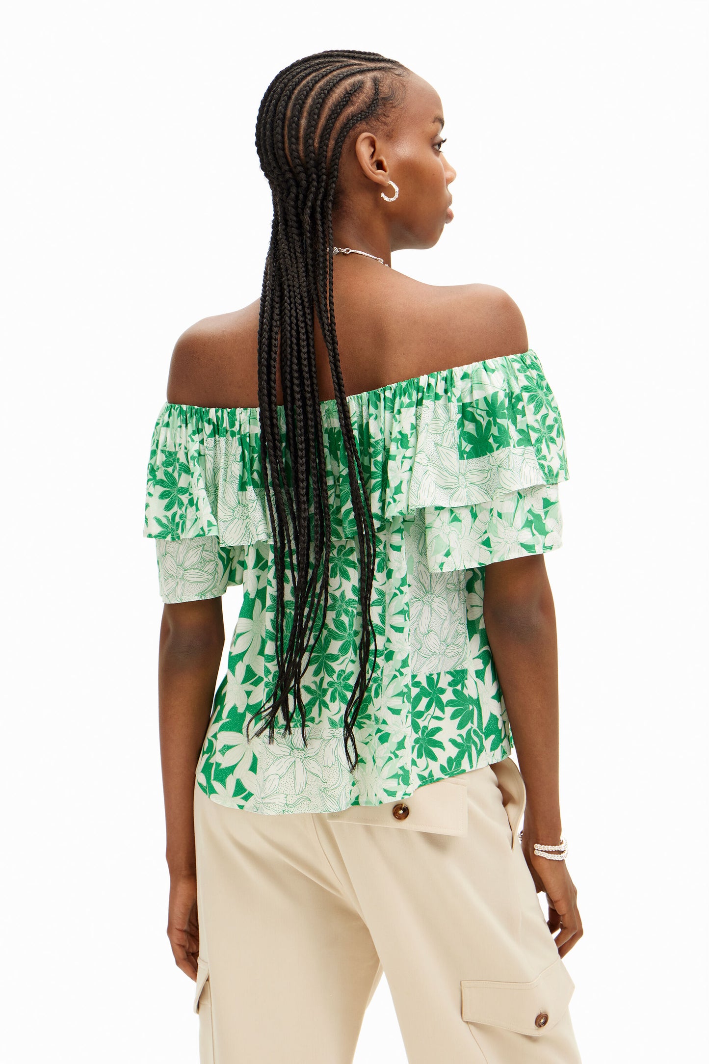 Desigual Green Patchwork Floral Ruffle Blouse