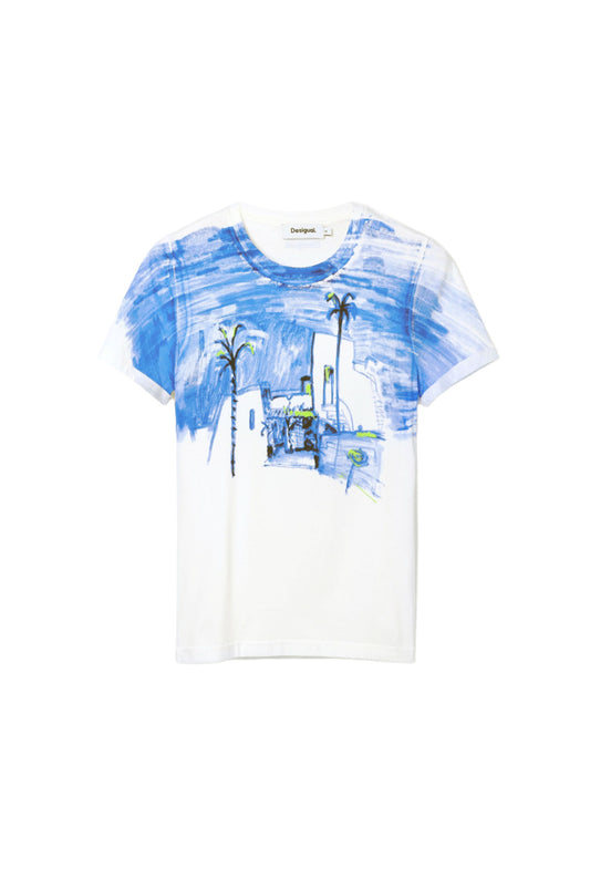 Desigual White Blue Mediterranean Landscape T-Shirt