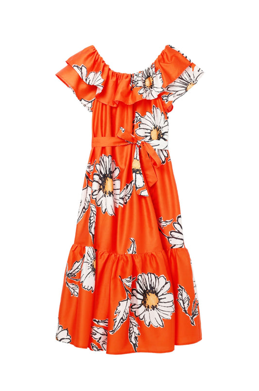 Desigual Orange Daisy Ruffle Midi Dress