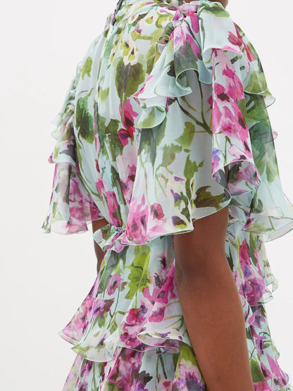 Dolce & Gabbana Multicolor Silk Ruffled Floral Midi Dress