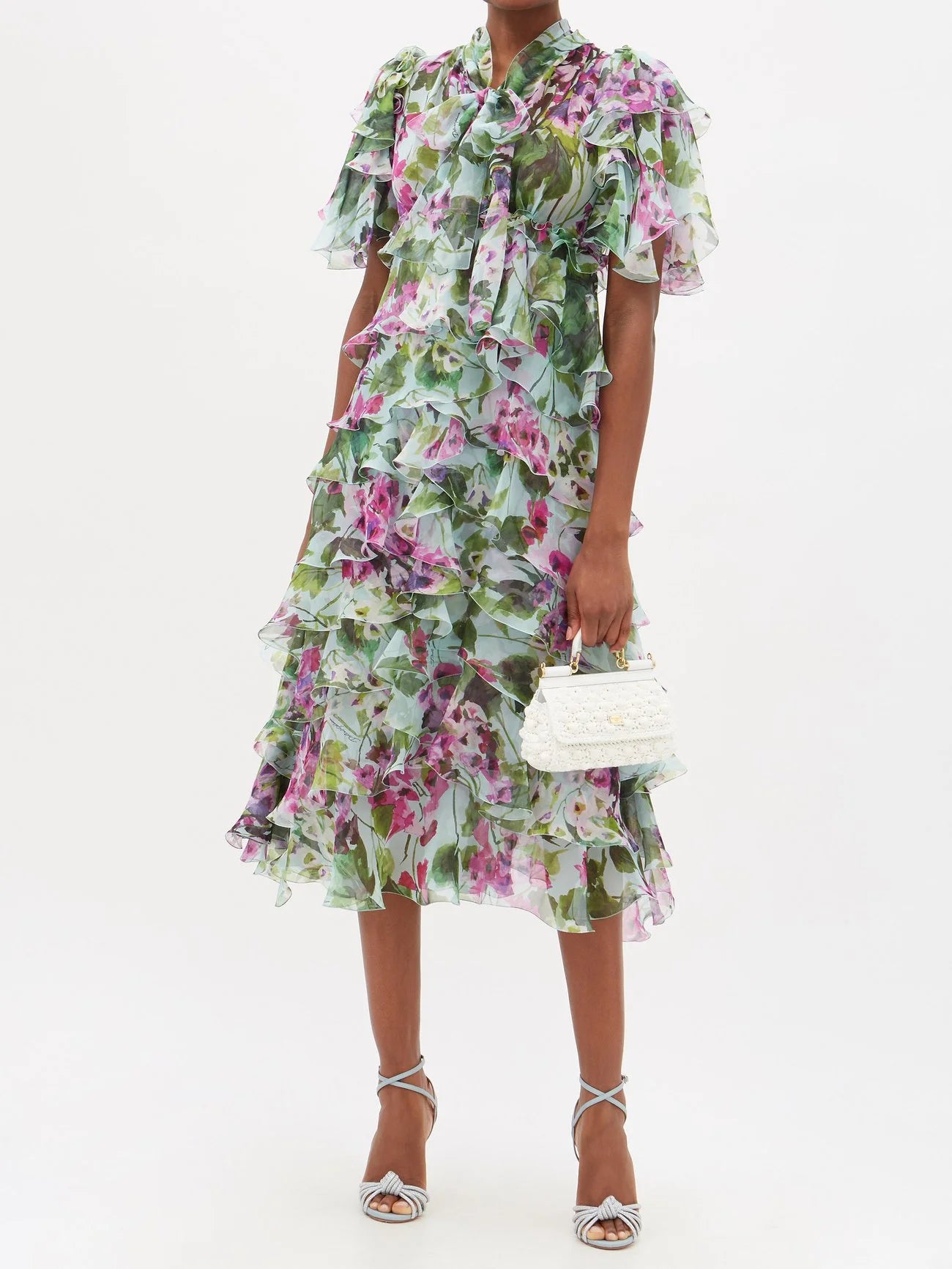 Dolce & Gabbana Multicolor Silk Ruffled Floral Midi Dress