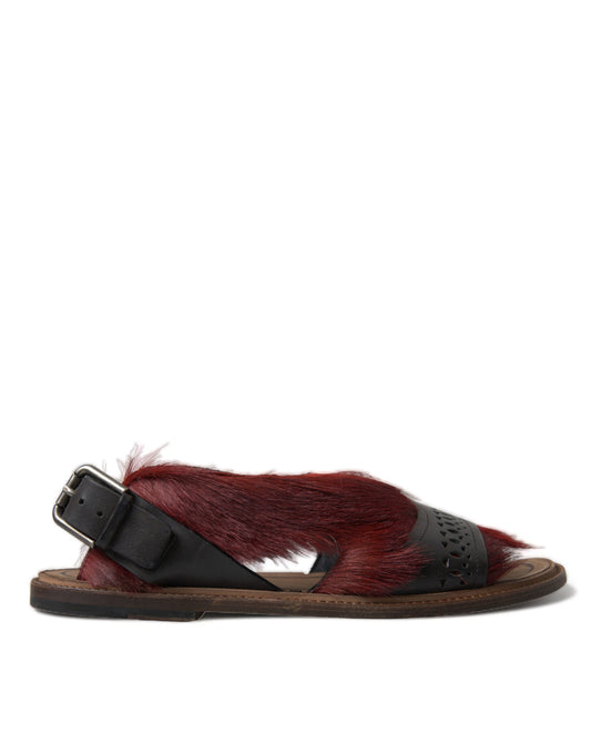 Dolce & Gabbana Red Black Fur Sandals Flats Slippers Shoes